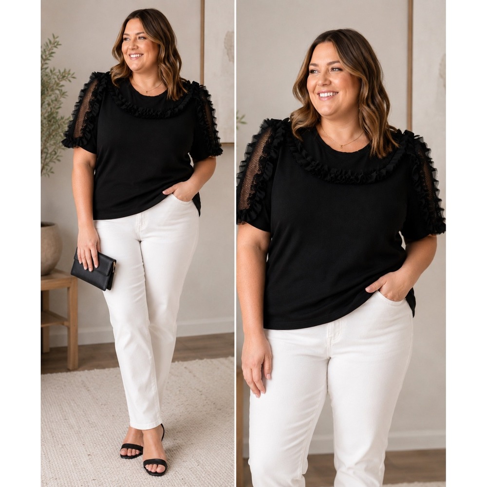 Sioni Black Knit Top Sheer Mesh Ruffle Sleeve Sweater XL